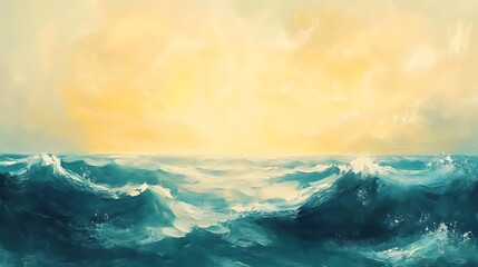 Fototapeta premium Romantic gold sky and teal ocean waves abstract seascape painting with copy space