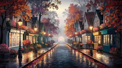 Fototapeta premium A serene autumn morning showcases a picturesque street with vibrant foliage cozy homes and warm lamps inviting a peaceful stroll