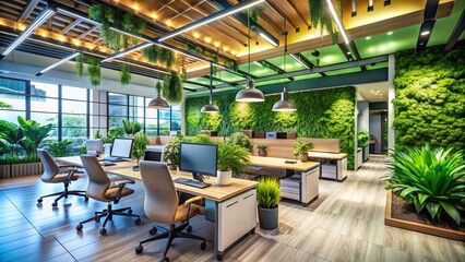 Obraz premium A Modern Eco-Conscious Office Design Featuring Energy-Efficient Lighting with Ergonomic Workstations, Promoting Sustainability and Productivity in a Contemporary Workspace Environment