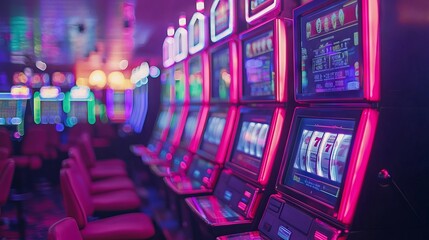 Fototapeta premium Neon Slot Machines in Vibrant Casino Environment