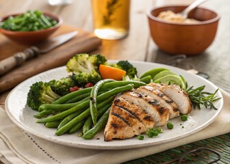 A Mouthwatering Plate of Delicious Chicken and Fresh Green Vegetables Served on a Rustic Wooden Table, Highlighting Culinary Artistry and Healthy Eating Choices
