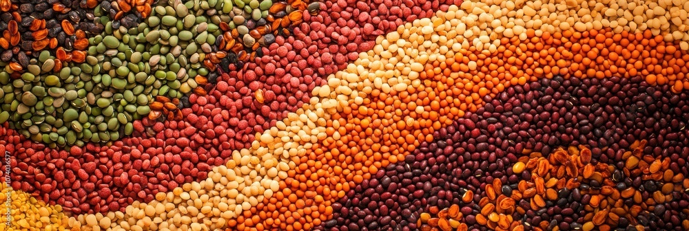 Poster an intricate arrangement of colorful beans, lentils, and seeds forms a vibrant abstract pattern, sho