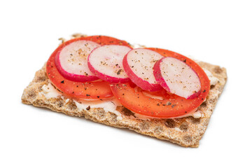 Whole Grain Crispbread with Tomato, Cream Cheese and Radish - Isolated on White. Easy Breakfast. Quick and Healthy Sandwiches. Crispbread with Tasty Filling. Healthy Dietary Snack - Isolation