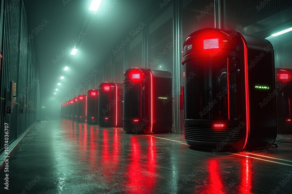 Aufkleber Row of Futuristic Servers in a Data Center with Red Lights