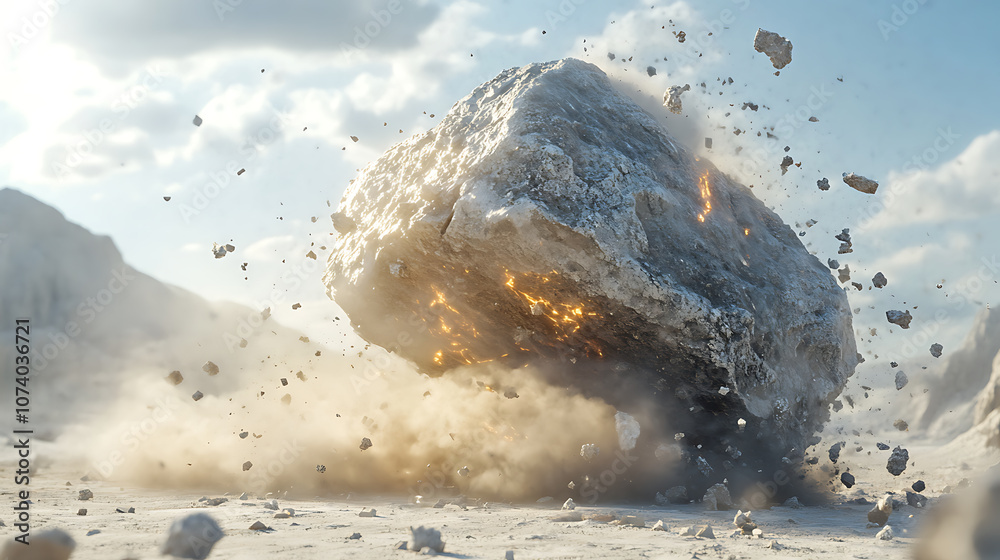 Aufkleber Shattered rock boulder exploding into dust and debris abstract 3d render
