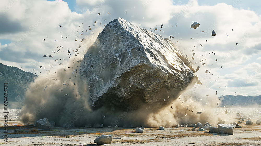 Aufkleber Shattered rock boulder exploding into dust and debris abstract 3d render
