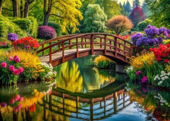 Obraz premium A Quaint Wooden Bridge Over a Narrow River Surrounded by Blooming Flowers in a Serene Countryside Landscape Captured in Architectural Photography