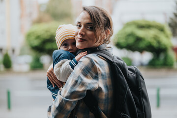 Caring mother holds her baby closely while outdoors, wearing casual clothing and a backpack. The...