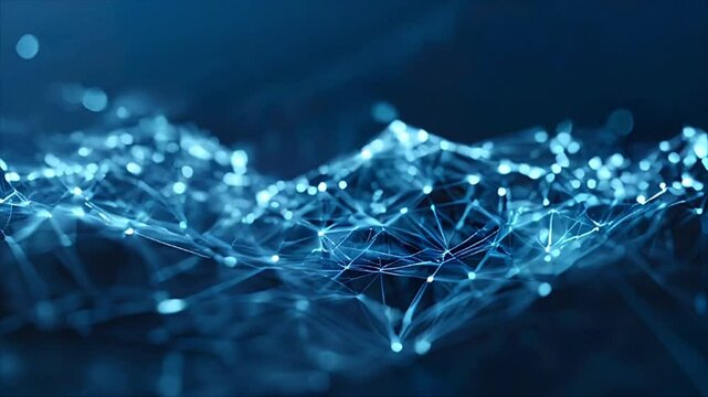 Abstract digital network with interconnected nodes. Futuristic representation of data flow and technology systems. Plexus blue geometrical shapes motion