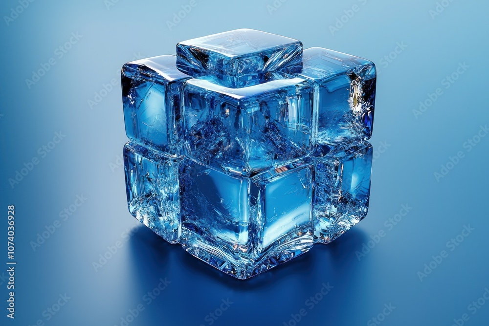 Poster a stack of interlocking clear blue ice cubes
