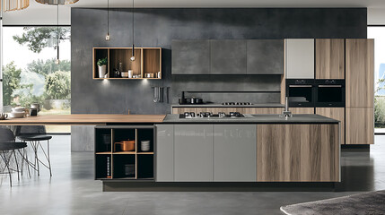 Sleek gray white and wooden kitchen interior with island modern design