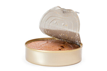 Opened Tin Can with Chicken Liver Pate Isolated on White Background. Open Canned Pate - Isolation