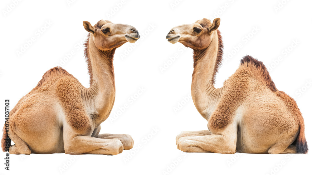 Poster two camels resting side by side on a transparent background generative ai