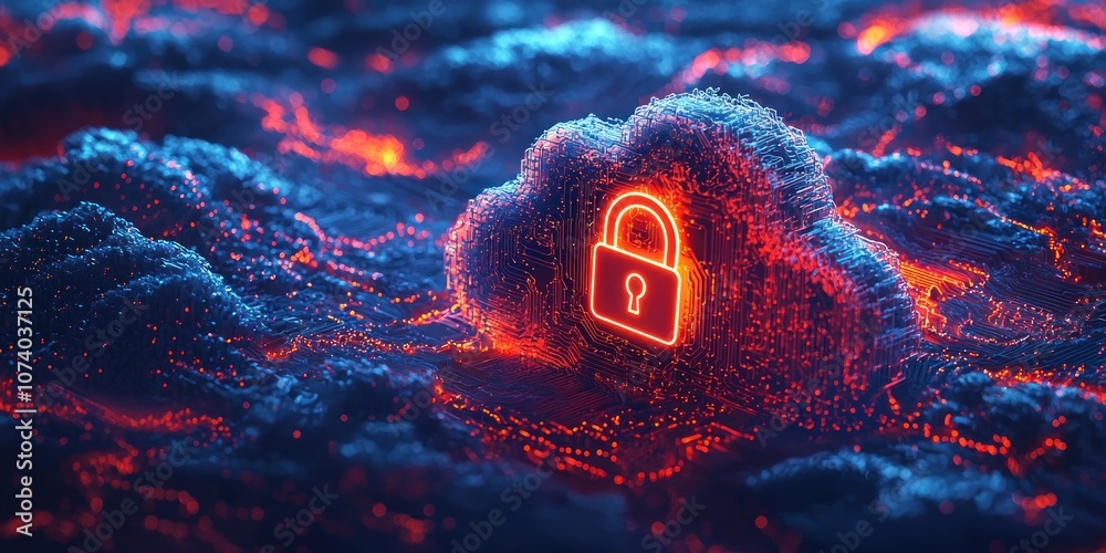 Poster a red lock icon emblazoned on a circuit board cloud