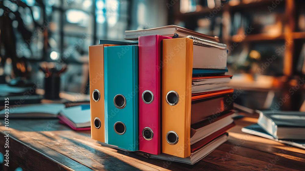 Poster stack of colorful binders labeled legal documentation on office desk business concept