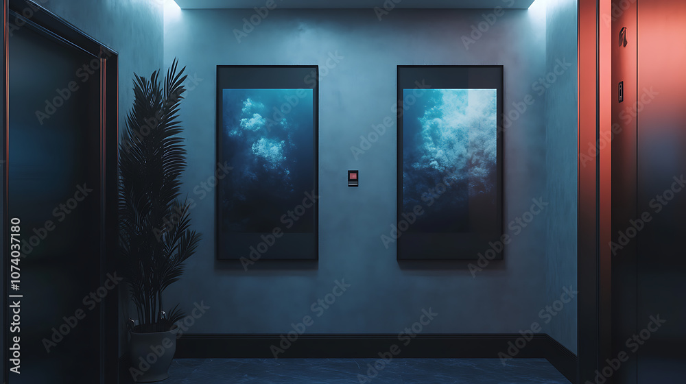 Poster two vertical poster mockups hanging in elevator 3d rendering