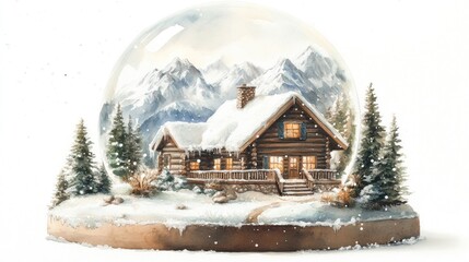 Naklejka premium Watercolor Painting of a Snowy Cabin in a Snow Globe