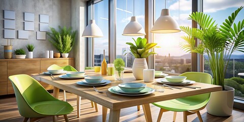 Fototapeta premium Architectural Photography of a Modern Dining Setting Featuring a Paper Plate with Plastic Utensils on a Stylish Table, Emphasizing Minimalist Design and Contemporary Decor Elements