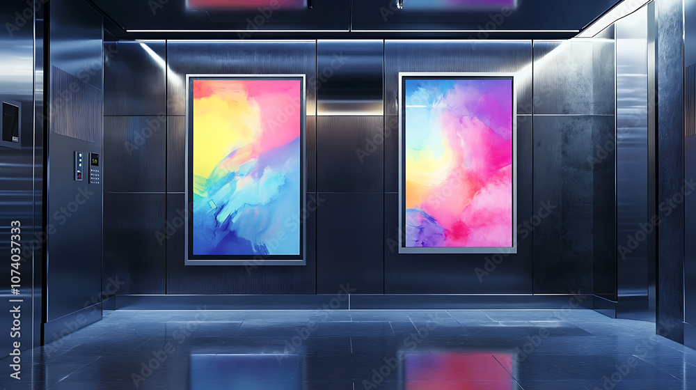 Aufkleber two vertical poster mockups hanging in elevator 3d rendering