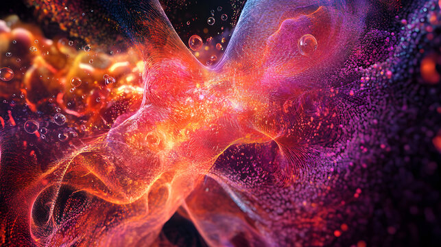 Quantum mechanics concept with particles and waves colliding in a vibrant energy field