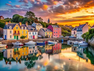 Architectural Photography of Port of Sauzon, Belle Ile en Mer, France - Captivating Coastal Views with Charming Houses and Tranquil Waters at Sunset