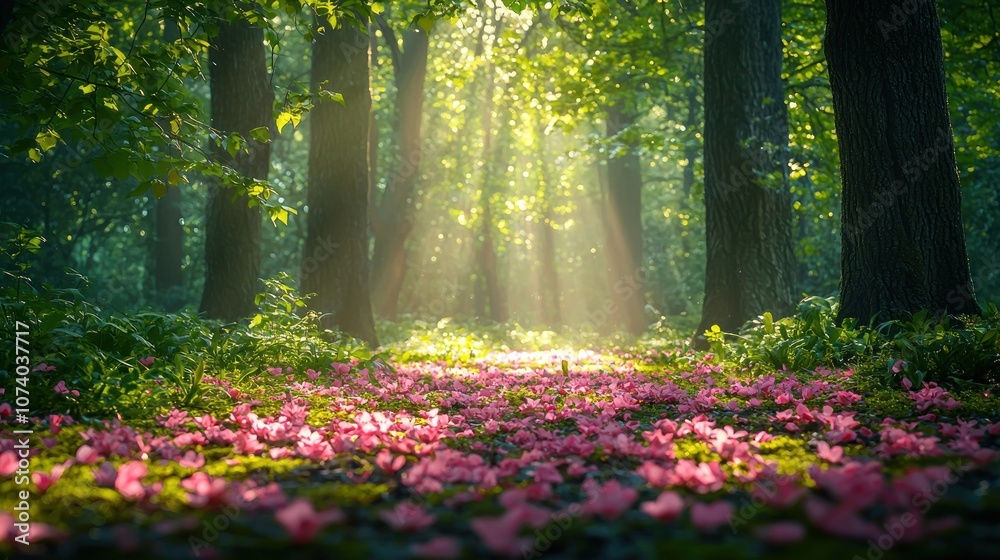 Poster sunbeams illuminating a path of pink petals in a verdant forest
