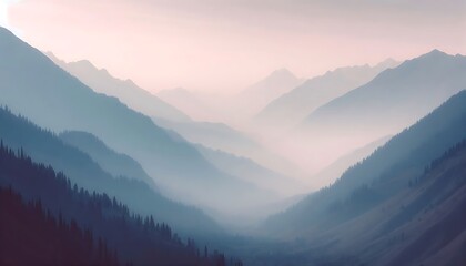 Fototapeta premium Calming minimalist mountain scene with soft fog, nature-inspired designs and tranquil backgrounds