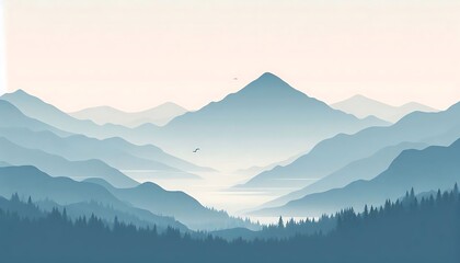 Calming minimalist mountain scene with soft fog,  nature-inspired designs and tranquil backgrounds