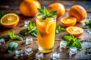 Fototapeta premium A Refreshing Tall Glass of Ice-Cold Freshly Squeezed Orange Juice with Mint, Perfect for a Summer Day or Breakfast Table Setting, Captured with a Tilt-Shift Photography Technique