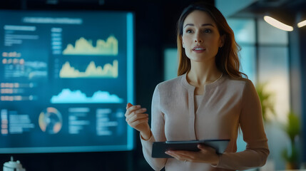 Female entrepreneur giving a presentation in a conference room, looking confident