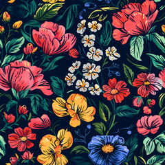 Seamless pattern of flowers with pink blue and navy background.	