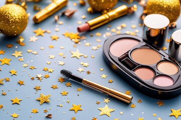 Festive makeup arrangement with golden decorations and sparkles on a blue background during the...