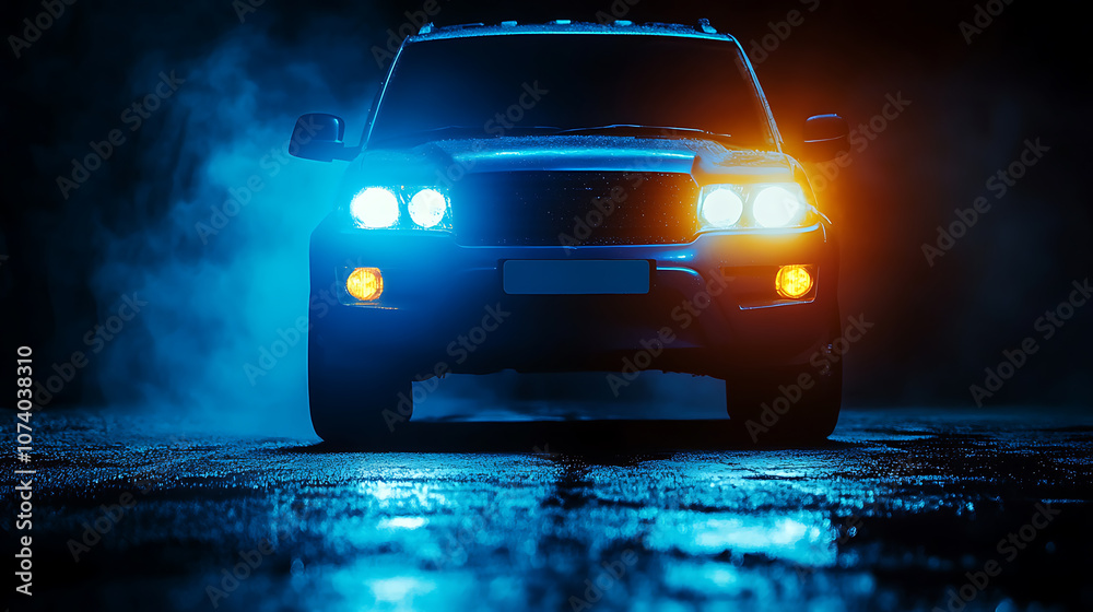 Poster A blue SUV car with its headlights on is illuminated against the dark background, creating an atmospheric effect