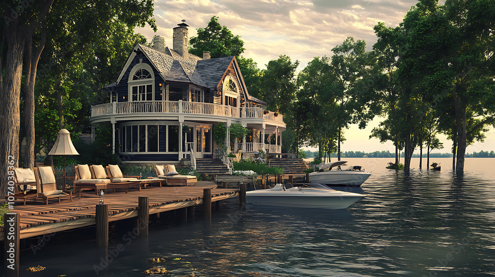 Poster A beautiful house on the water with an oversized dock and a boat at its edge, surrounded by trees The deck features various seating areas for relaxing or socializing during summer nights