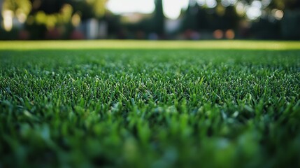 Naklejka premium Lush green grass with soft focus background in serene garden setting, ideal for nature and landscape themes