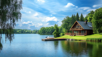 Obraz premium A beautiful lake house with a dock, large deck and green grassy yard In the summer, it was a sunny day