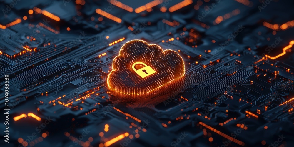 Poster glowing cloud symbol with padlock on circuit board