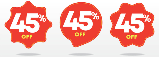 Tag, sticker, red balloon. 45% discount, price. Business, social media, sign. Sales poster, percentage value, special offer. Vector, icon