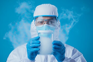 Scientist in protective gear holds a container of liquid nitrogen against a blue background, demonstrating safety in chemical research - Powered by Adobe