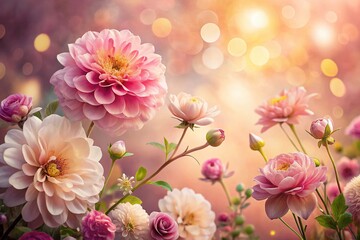 Fototapeta premium A Serene Panoramic View of Delicate Flowers in Soft Pink and Beige Tones, Capturing the Essence of Nature's Beauty in a Gentle and Elegant Composition for Home Decor