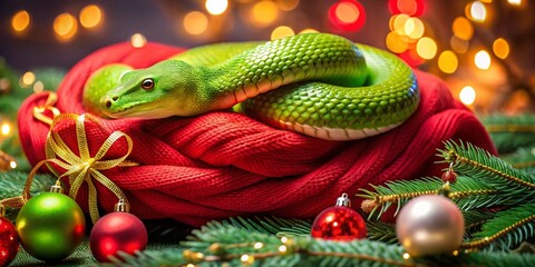 Fototapeta premium A Serene Green Snake Cozily Nestled in a Festive Red Scarf Surrounded by Colorful Holiday Decorations and Ornaments for a Merry Christmas Atmosphere