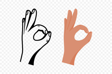 Flat Vector Cartoon Hand Gesture Showing the OK Sign with the Index Finger and Thumb Forming a Circle. Minimalist Line Art and Colored Design Templates, Icons