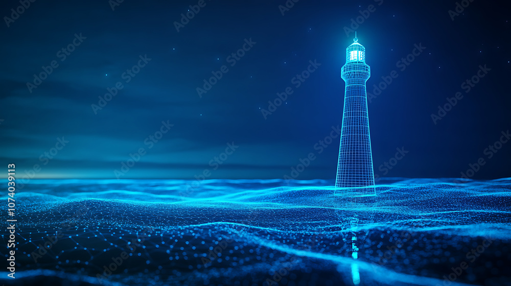 Fototapete a digital transformation and future vision concept featuring an abstract wireframe lighthouse in a b