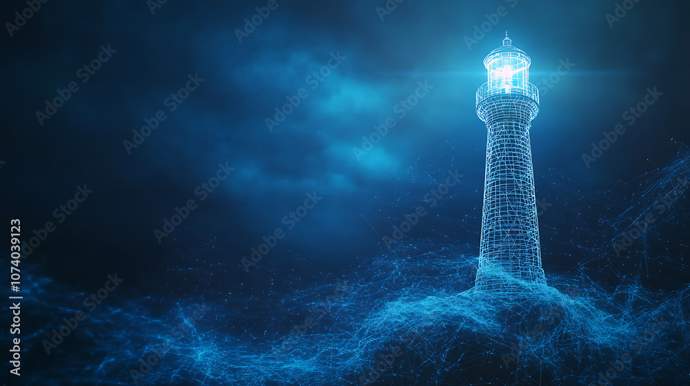 Poster A digital transformation and future vision concept featuring an abstract wireframe lighthouse in a blue cyberspace, symbolizing guidance and innovation in the digital era