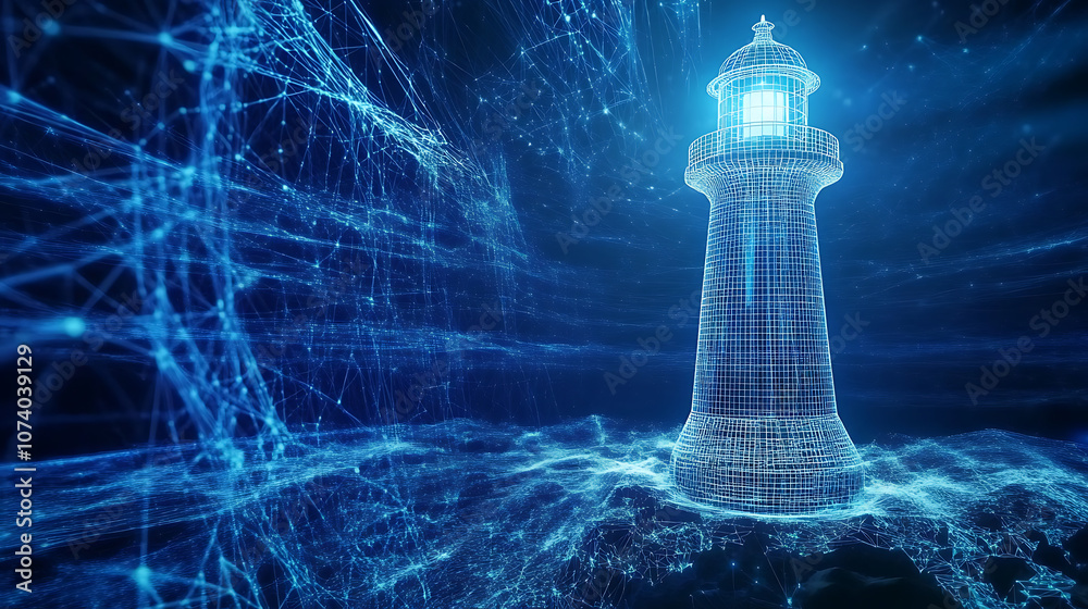Poster A digital transformation and future vision concept featuring an abstract wireframe lighthouse in a blue cyberspace, symbolizing guidance and innovation in the digital era