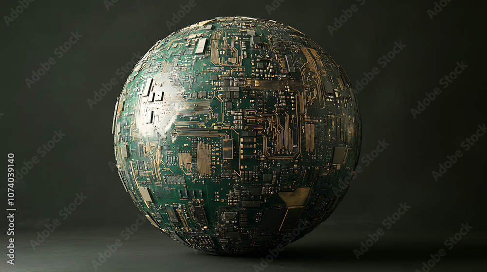 Poster a globe crafted from circuit boards and microchips, symbolizing the electrification and digitalizati