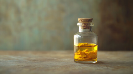 A glass bottle containing turmeric essential oil represents the concept of aromatherapy, emphasizing natural remedies and the health benefits associated with essential oils, particularly turmeric