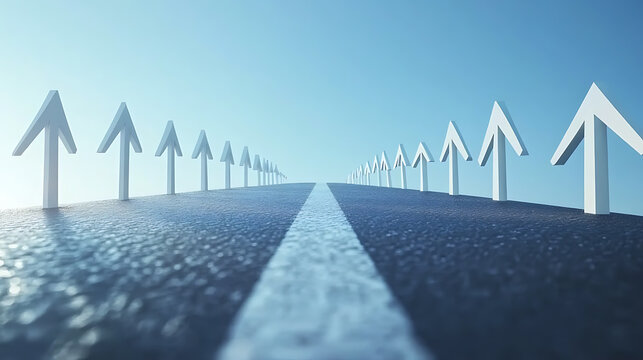 A long, asphalted road with upward arrows symbolizing growth, development, and the journey to success, Ideal for themes of progress, ambition, and continuous improvement