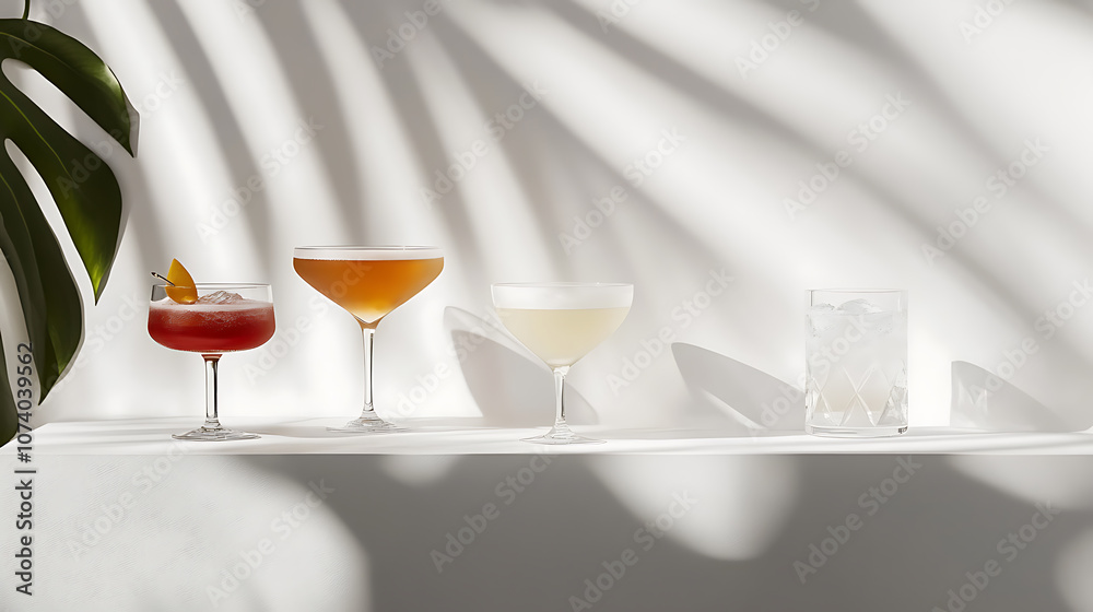 Poster a minimalist photo of three summer cocktails, each in its own glass with unique shapes and textures,