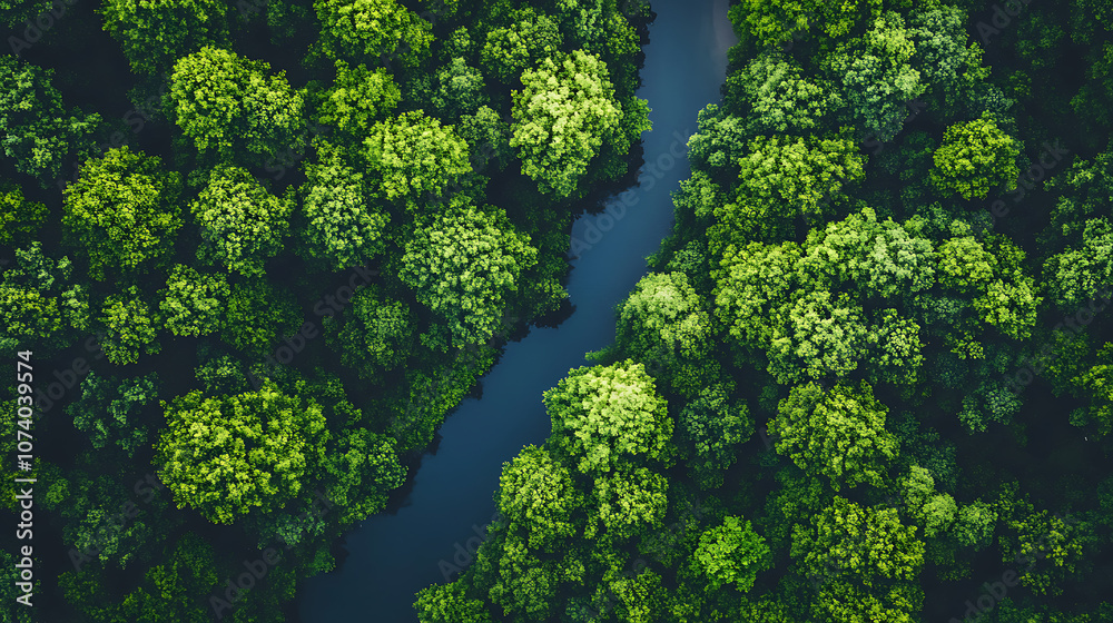Poster a lush forest with a clear river, symbolizing sustainability analytics and nature impact monitoring,